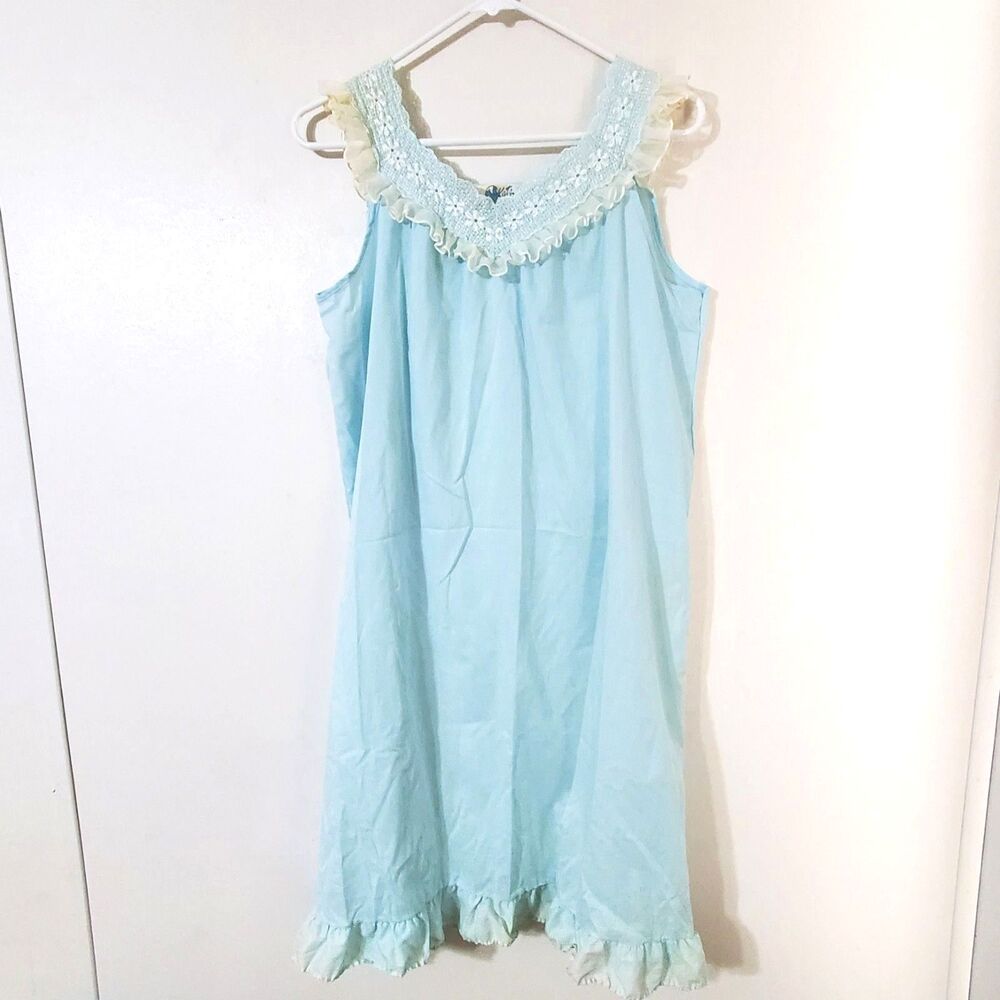 Katz Vintage Blue Nightgown Lace Neck Trim Ruffle Hem Sz 36 Bust